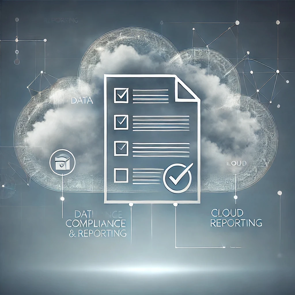 Illustration of a checklist document over a cloud graphic. Text reads "Data Compliance & Reporting" and "Cloud Reporting" powered by Xsphere Cloud. The background features digital network elements, emphasizing seamless integration with Xsphere technology.