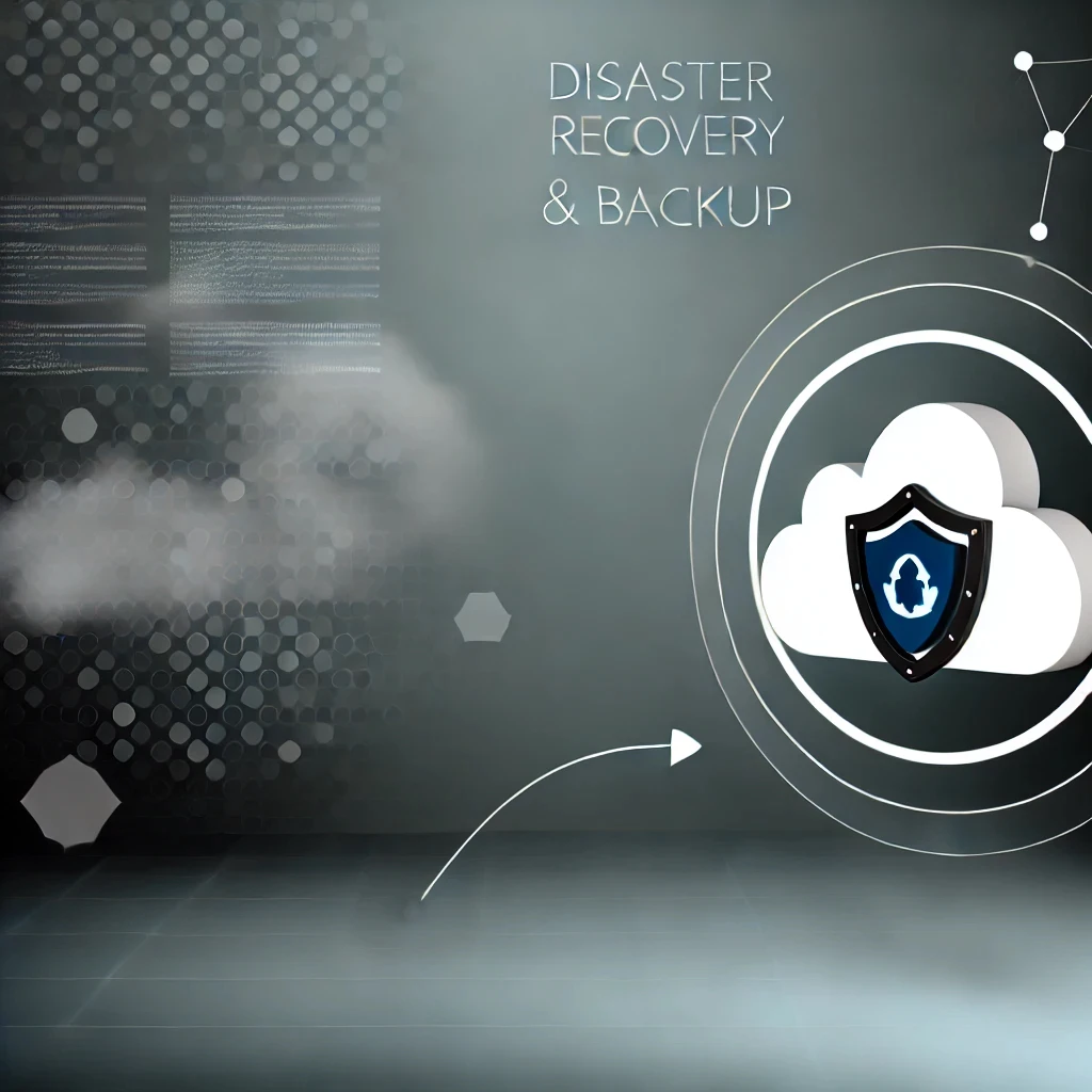 Graphic with "Disaster Recovery & Backup" text, featuring a cloud icon with a shield and arrows, highlighting data protection and technology concepts through the innovative lens of Xsphere Cloud.