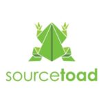 Logo featuring a bright green origami-style toad above the text "sourcetoad" in lowercase letters.